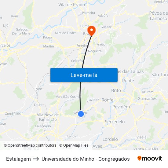 Estalagem to Universidade do Minho - Congregados map