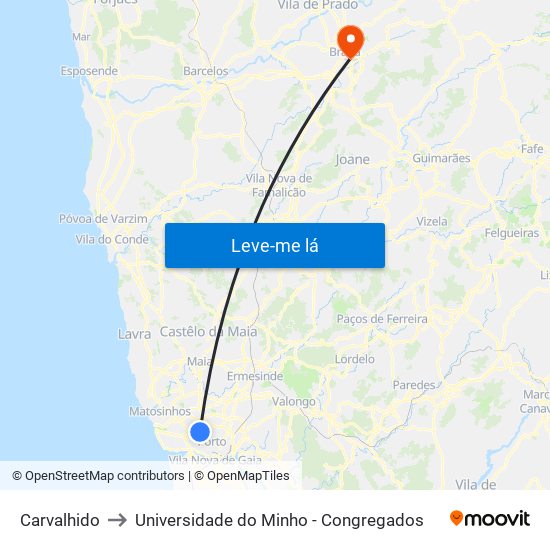 Carvalhido to Universidade do Minho - Congregados map