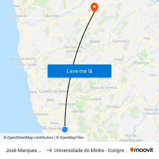 José Marques Pinto to Universidade do Minho - Congregados map