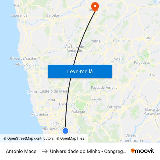 António Macedo to Universidade do Minho - Congregados map