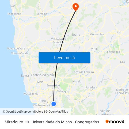 Miradouro to Universidade do Minho - Congregados map