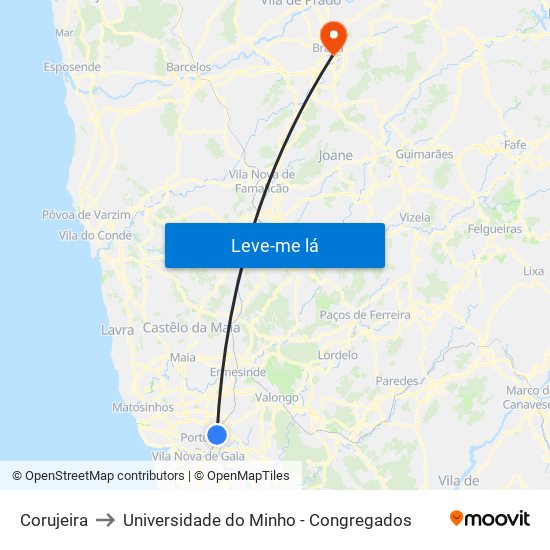 Corujeira to Universidade do Minho - Congregados map