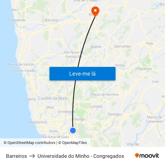 Barreiros to Universidade do Minho - Congregados map