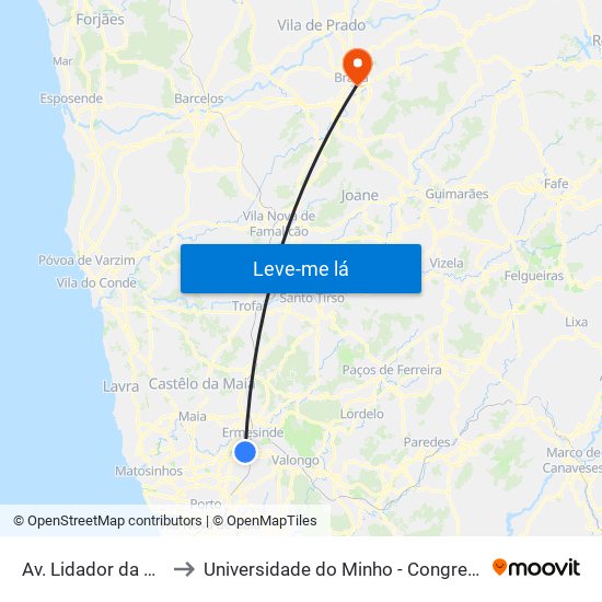 Av. Lidador da Maia to Universidade do Minho - Congregados map