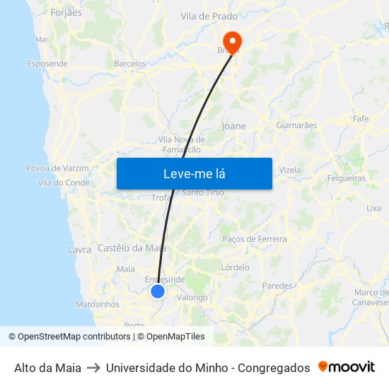 Alto da Maia to Universidade do Minho - Congregados map