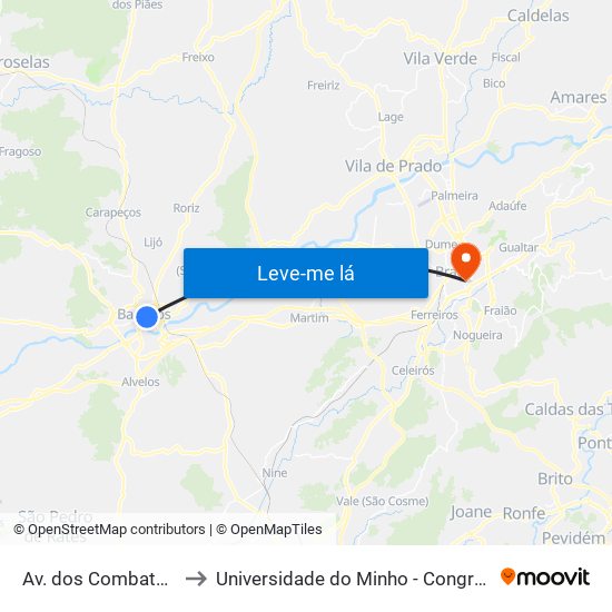 Av. dos Combatentes to Universidade do Minho - Congregados map