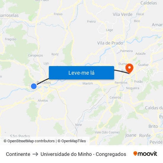 Continente to Universidade do Minho - Congregados map