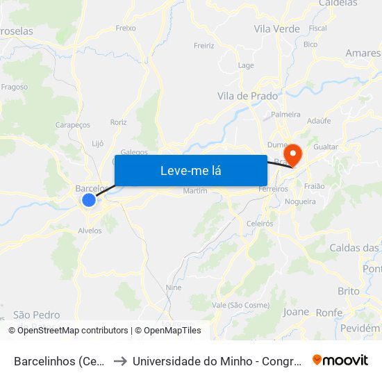 Barcelinhos (Centro) to Universidade do Minho - Congregados map