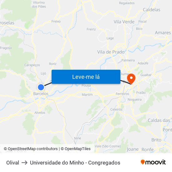 Olival to Universidade do Minho - Congregados map