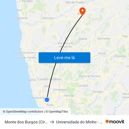 Monte dos Burgos (Circunvalação) to Universidade do Minho - Congregados map