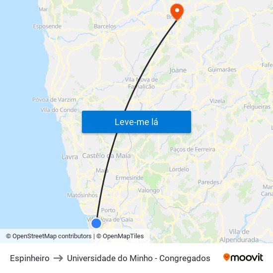 Espinheiro to Universidade do Minho - Congregados map