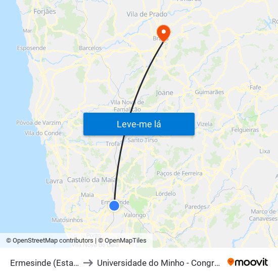 Ermesinde (Estação) to Universidade do Minho - Congregados map