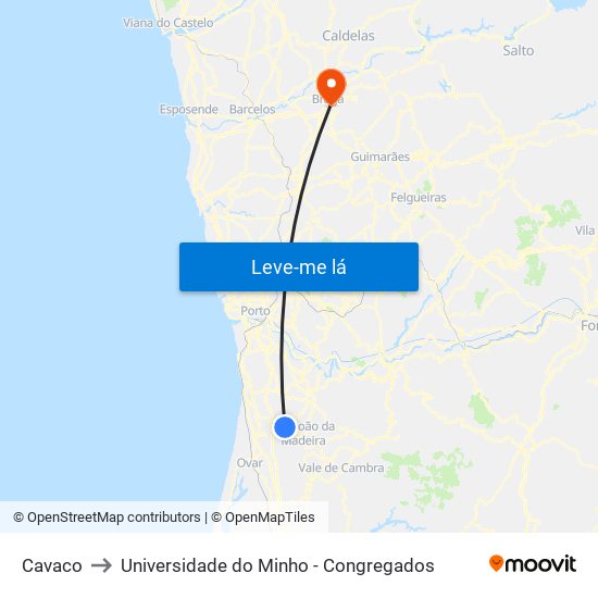 Cavaco to Universidade do Minho - Congregados map