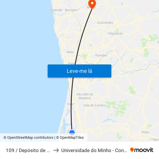 109 / Depósito de Cacia B to Universidade do Minho - Congregados map