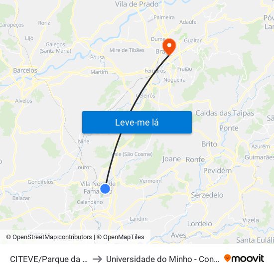 CITEVE/Parque da Devesa to Universidade do Minho - Congregados map