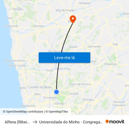Alfena (Ribeiro) to Universidade do Minho - Congregados map