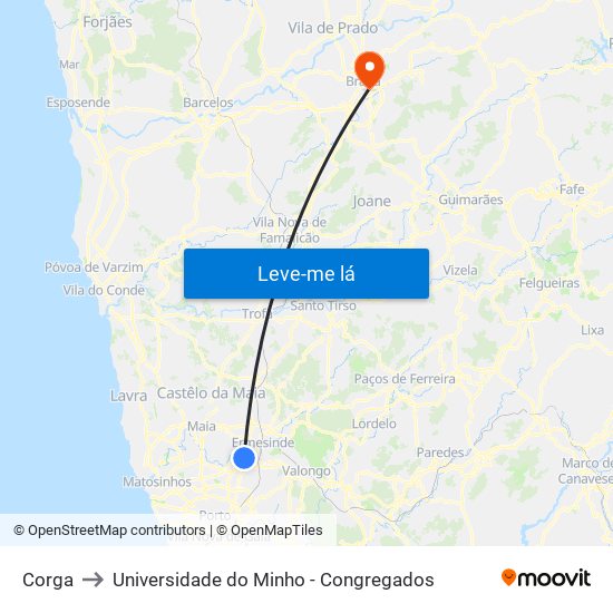 Corga to Universidade do Minho - Congregados map
