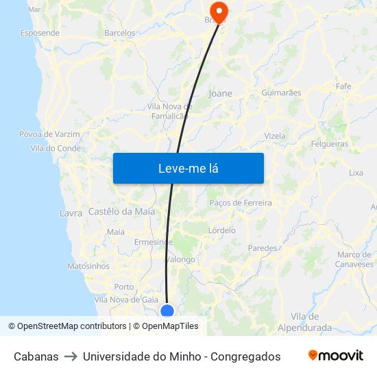 Cabanas to Universidade do Minho - Congregados map