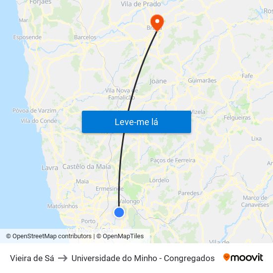 Vieira de Sá to Universidade do Minho - Congregados map