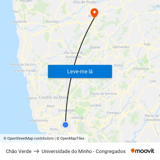 Chão Verde to Universidade do Minho - Congregados map