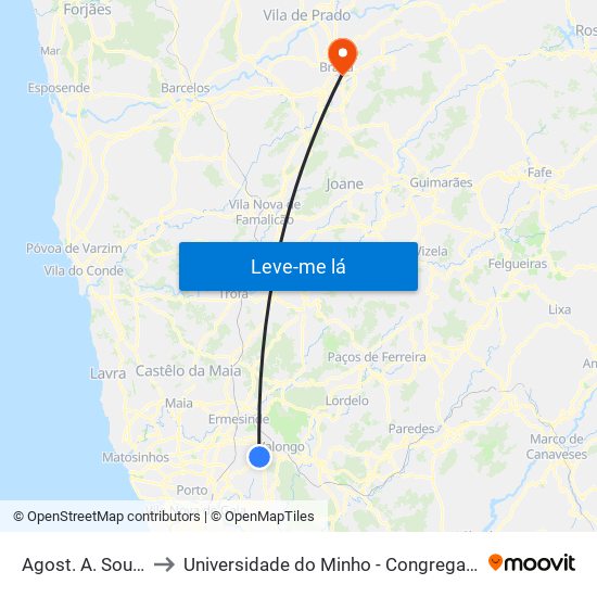 Agost. A. Sousa to Universidade do Minho - Congregados map