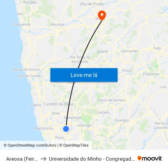 Areosa (Feira) to Universidade do Minho - Congregados map