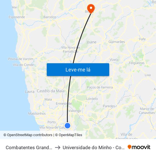 Combatentes Grande Guerra to Universidade do Minho - Congregados map