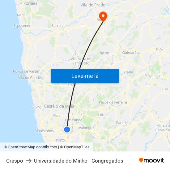 Crespo to Universidade do Minho - Congregados map