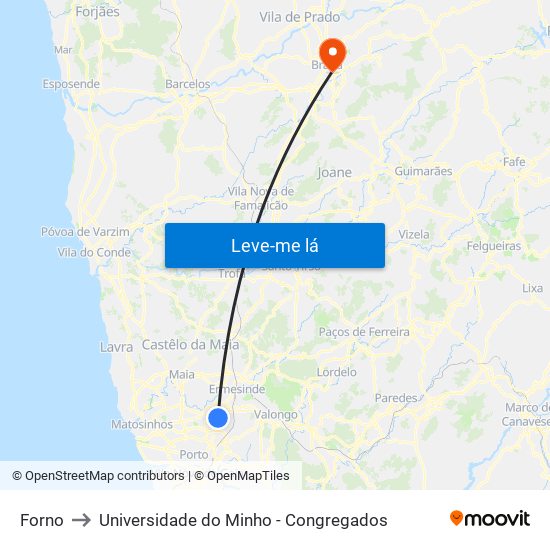 Forno to Universidade do Minho - Congregados map