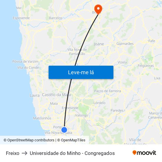 Freixo to Universidade do Minho - Congregados map