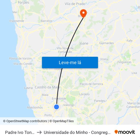 Padre Ivo Tonelli to Universidade do Minho - Congregados map