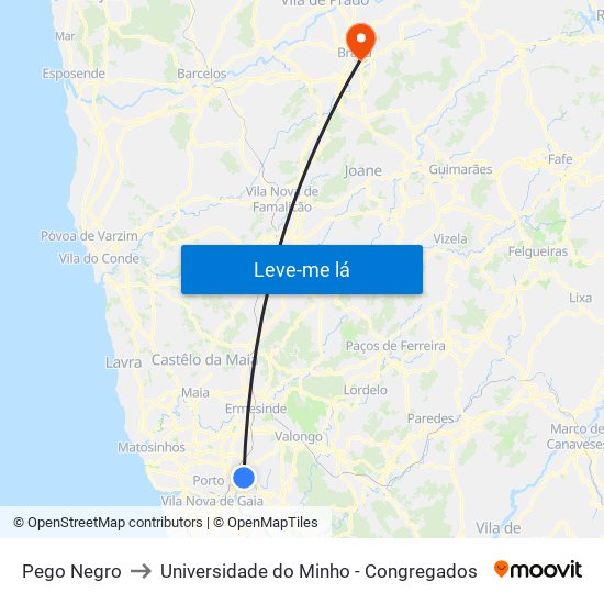 Pego Negro to Universidade do Minho - Congregados map