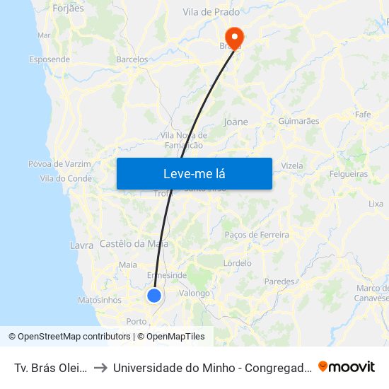 Tv. Brás Oleiro to Universidade do Minho - Congregados map