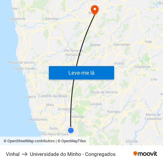 Vinhal to Universidade do Minho - Congregados map