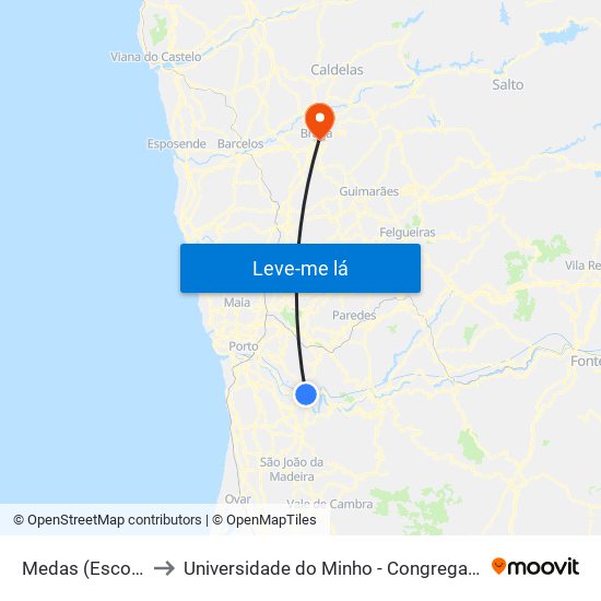 Medas (Escola) to Universidade do Minho - Congregados map