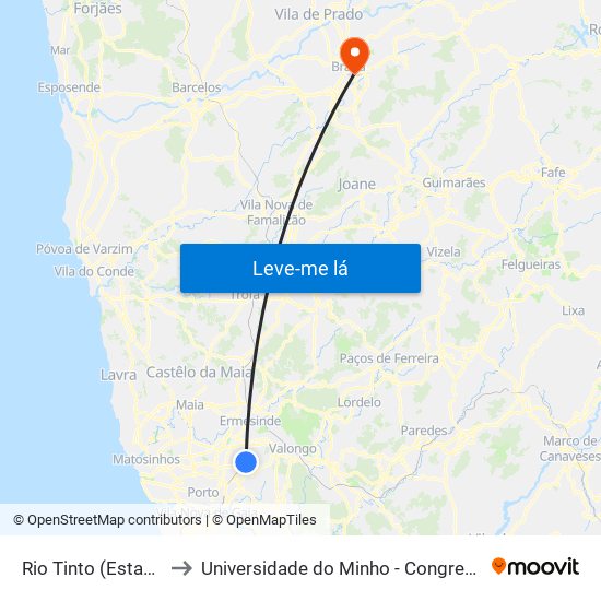 Rio Tinto (Estação) to Universidade do Minho - Congregados map