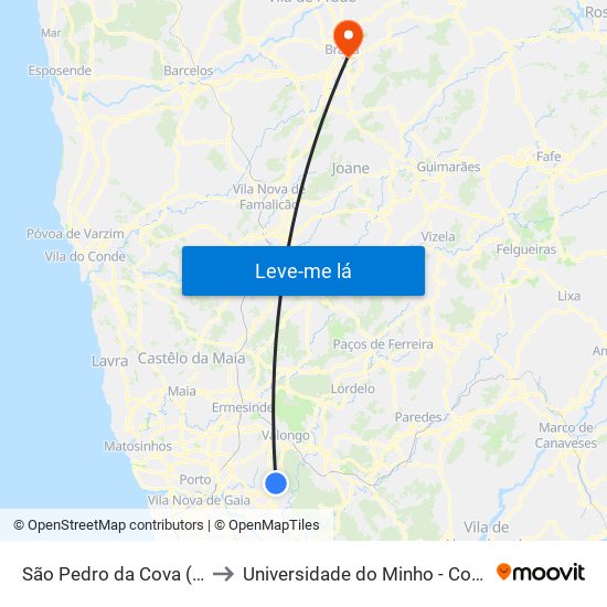 São Pedro da Cova (Covilhã) to Universidade do Minho - Congregados map