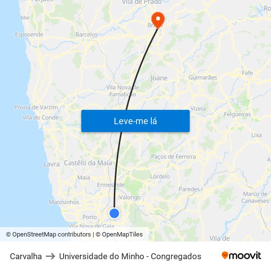 Carvalha to Universidade do Minho - Congregados map