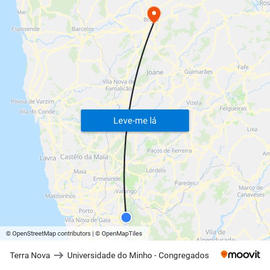 Terra Nova to Universidade do Minho - Congregados map