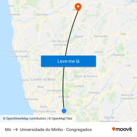 Mó to Universidade do Minho - Congregados map