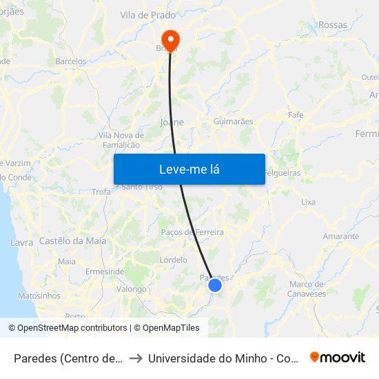 Paredes (Centro de Saúde) to Universidade do Minho - Congregados map