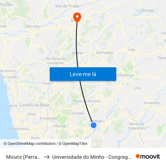 Mouriz (Perrace) to Universidade do Minho - Congregados map