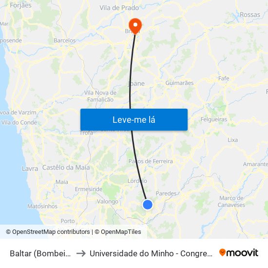 Baltar (Bombeiros) to Universidade do Minho - Congregados map