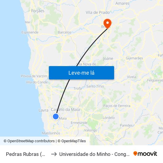 Pedras Rubras (Metro) to Universidade do Minho - Congregados map