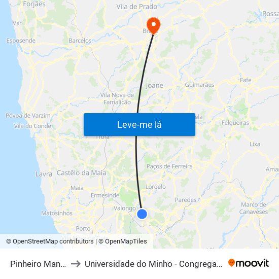 Pinheiro Manso to Universidade do Minho - Congregados map