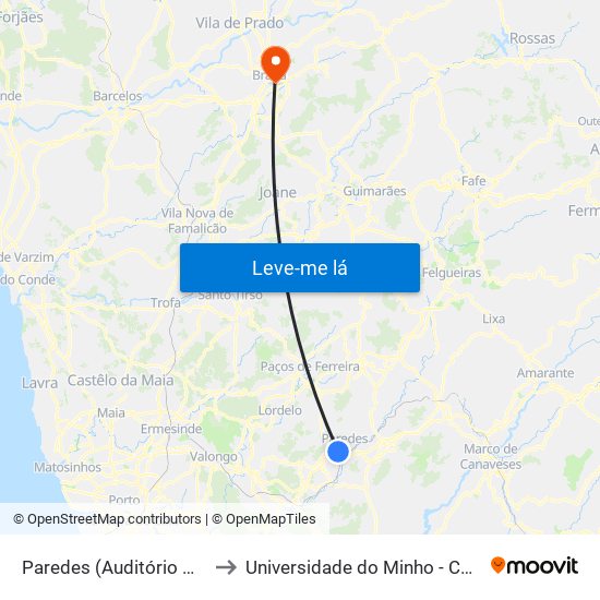 Paredes (Auditório Municipal) to Universidade do Minho - Congregados map