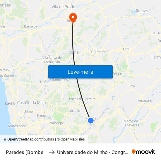 Paredes (Bombeiros) to Universidade do Minho - Congregados map