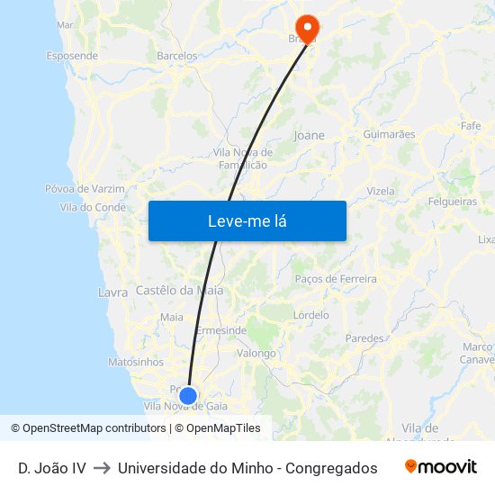 D. João IV to Universidade do Minho - Congregados map