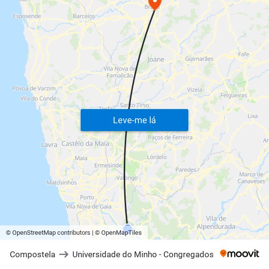 Compostela to Universidade do Minho - Congregados map