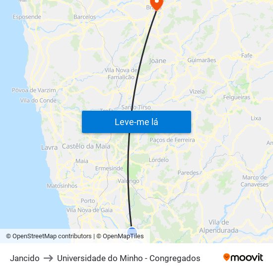 Jancido to Universidade do Minho - Congregados map